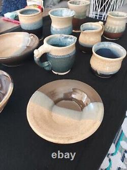 11 Pieces Vintage Studio Art Ceramic Blue Turquoise Aqua And Tan Pottery