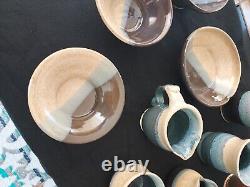 11 Pieces Vintage Studio Art Ceramic Blue Turquoise Aqua And Tan Pottery
