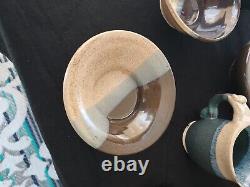 11 Pieces Vintage Studio Art Ceramic Blue Turquoise Aqua And Tan Pottery