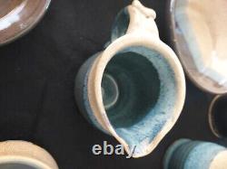 11 Pieces Vintage Studio Art Ceramic Blue Turquoise Aqua And Tan Pottery