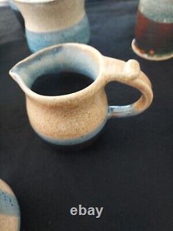 11 Pieces Vintage Studio Art Ceramic Blue Turquoise Aqua And Tan Pottery