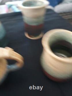 11 Pieces Vintage Studio Art Ceramic Blue Turquoise Aqua And Tan Pottery