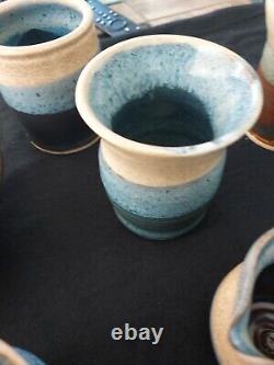 11 Pieces Vintage Studio Art Ceramic Blue Turquoise Aqua And Tan Pottery