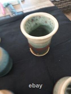 11 Pieces Vintage Studio Art Ceramic Blue Turquoise Aqua And Tan Pottery