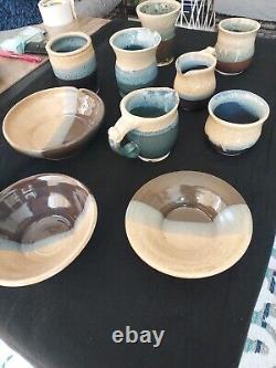 11 Pieces Vintage Studio Art Ceramic Blue Turquoise Aqua And Tan Pottery