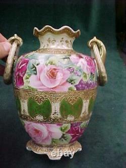 1890's VICTORIAN HAND PAINTED NIPPON FOOTED VASE ROSES BEADED RAISED GOLD TRIM