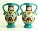 1928 Art Deco Vases Pair French Studio Pottery Polychrome Glazed Terracotta