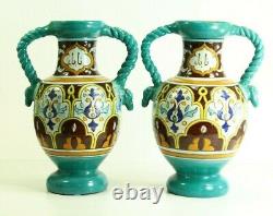 = 1928 Art Deco Vases Pair French Studio Pottery Polychrome Glazed Terracotta