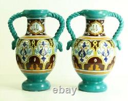 1928 Art Deco Vases Pair French Studio Pottery Polychrome Glazed Terracotta