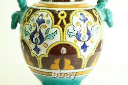 = 1928 Art Deco Vases Pair French Studio Pottery Polychrome Glazed Terracotta