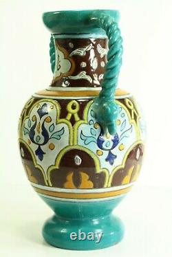 = 1928 Art Deco Vases Pair French Studio Pottery Polychrome Glazed Terracotta