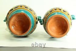 = 1928 Art Deco Vases Pair French Studio Pottery Polychrome Glazed Terracotta