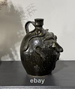 1995 JS Pottery Folk Art Face Jug Snake Jack Sexton Studio Pottery NC Vintage