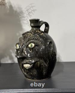 1995 JS Pottery Folk Art Face Jug Snake Jack Sexton Studio Pottery NC Vintage