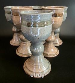 (289) RARE Vintage Elinor Jensen Studio Pottery Goblets In Tan & Gray Set Of 6