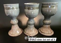 (289) RARE Vintage Elinor Jensen Studio Pottery Goblets In Tan & Gray Set Of 6