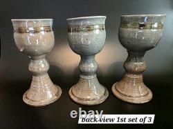 (289) RARE Vintage Elinor Jensen Studio Pottery Goblets In Tan & Gray Set Of 6