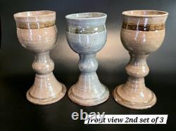 (289) RARE Vintage Elinor Jensen Studio Pottery Goblets In Tan & Gray Set Of 6