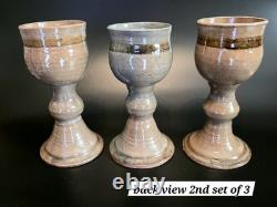 (289) RARE Vintage Elinor Jensen Studio Pottery Goblets In Tan & Gray Set Of 6