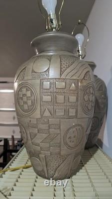 (2) PostModern Vintage Studio Pottery Geometric Relief Table Lamps withShade