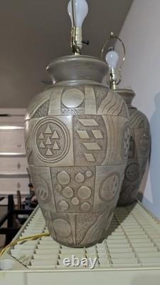 (2) PostModern Vintage Studio Pottery Geometric Relief Table Lamps withShade