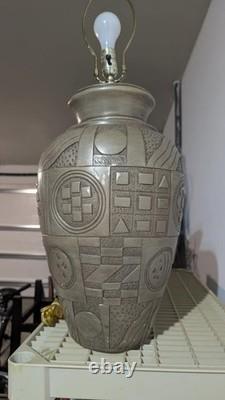 (2) PostModern Vintage Studio Pottery Geometric Relief Table Lamps withShade