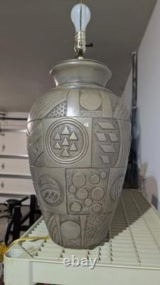 (2) PostModern Vintage Studio Pottery Geometric Relief Table Lamps withShade