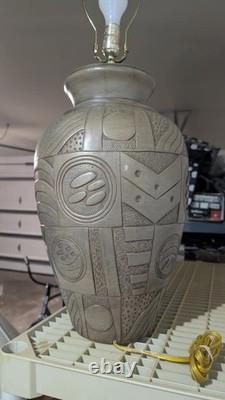 (2) PostModern Vintage Studio Pottery Geometric Relief Table Lamps withShade