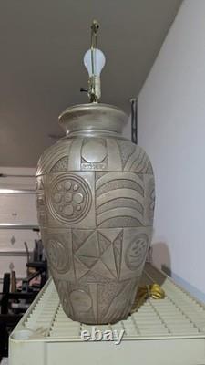 (2) PostModern Vintage Studio Pottery Geometric Relief Table Lamps withShade