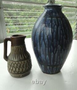 2 Studio Pottery MCM Johgus Bornholm Denmark Pitcher Compton VT Drip Glaze Vase