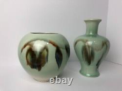 2 Vintage Vontury Studio Art Pottery Hand Thrown Ombré green Vase and Planter