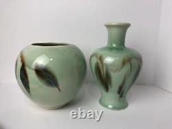 2 Vintage Vontury Studio Art Pottery Hand Thrown Ombré green Vase and Planter