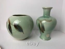 2 Vintage Vontury Studio Art Pottery Hand Thrown Ombré green Vase and Planter