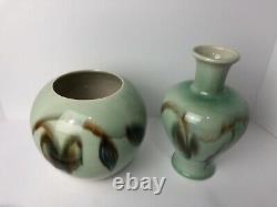 2 Vintage Vontury Studio Art Pottery Hand Thrown Ombré green Vase and Planter