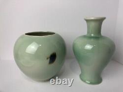 2 Vintage Vontury Studio Art Pottery Hand Thrown Ombré green Vase and Planter