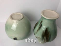 2 Vintage Vontury Studio Art Pottery Hand Thrown Ombré green Vase and Planter