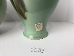 2 Vintage Vontury Studio Art Pottery Hand Thrown Ombré green Vase and Planter