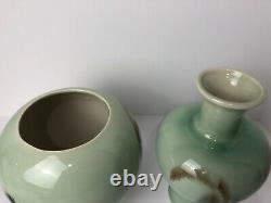 2 Vintage Vontury Studio Art Pottery Hand Thrown Ombré green Vase and Planter