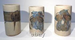 3 JT Abernathy 5 Blue Brown & Ivory Studio Pottery Tumblers Vases! Free Ship