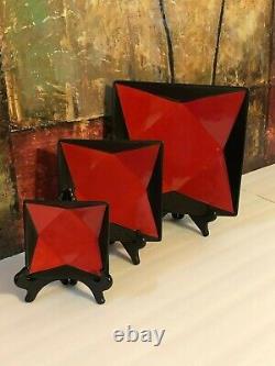 3 NEW Vintage Studio Pottery Red Lava Black Platter Plates Retro Decor Hand Made