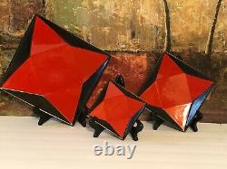 3 NEW Vintage Studio Pottery Red Lava Black Platter Plates Retro Decor Hand Made