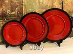 3 NEW Vintage Studio Pottery Red Lava Black Platter Plates Retro Decor Hand Made