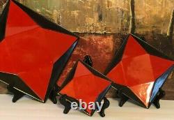 3 NEW Vintage Studio Pottery Red Lava Black Platter Plates Retro Decor Hand Made
