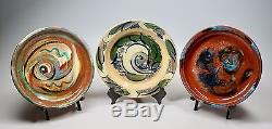 3 Vtg Mid Century Mod Studio Art Pottery Low Bowls Signed Nelson Dated 1940 & 54