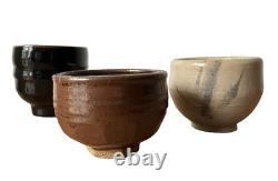 3 hand thrown tea bowls cups studio pottery group lot vintage mcm art set
