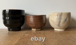 3 hand thrown tea bowls cups studio pottery group lot vintage mcm art set
