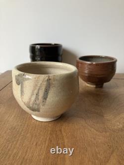 3 hand thrown tea bowls cups studio pottery group lot vintage mcm art set