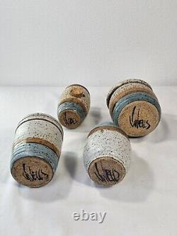 4 Piece Set Of Vintage J Jack Wells Studio Pottery 3 Color Speckled Glaze Signed