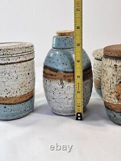4 Piece Set Of Vintage J Jack Wells Studio Pottery 3 Color Speckled Glaze Signed