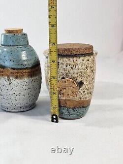 4 Piece Set Of Vintage J Jack Wells Studio Pottery 3 Color Speckled Glaze Signed